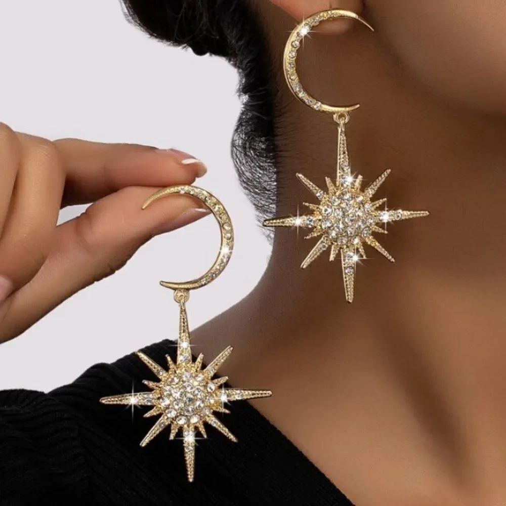 3for$20 NEW 1pair Metallic Star & Moon Design Earrings With Rhinestone